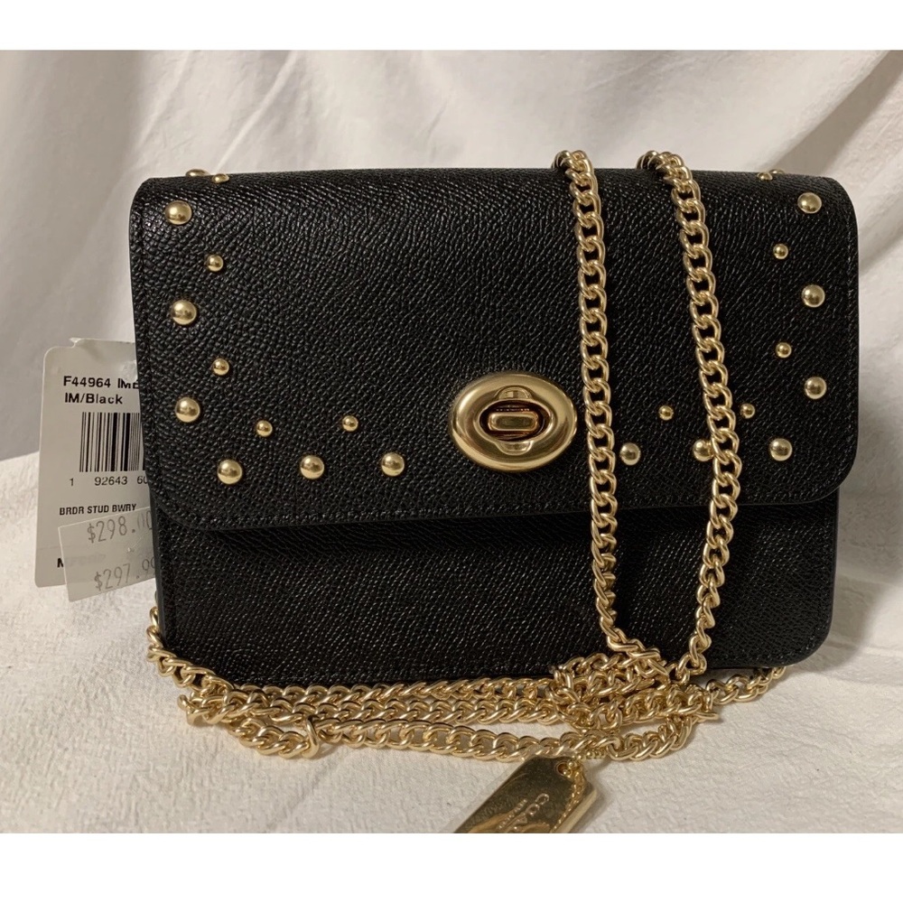 NWT Coach F44964 Bowery Crossbody Bag Black/Gold Hardware Chain With Studs